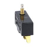 Plastic micro switch, K series, top push rod - metal plunger. High rod plunger. Contacts 1NO/NC. Faston terminals