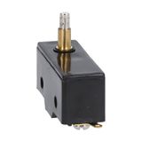 Plastic micro switch, K series, top push rod - metal plunger. High rod plunger. Contacts 1NO/NC. Solder terminals