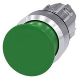 Mushroom pushbutton, 22 mm, round, metal, high gloss, green, 30 mm
