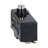 Plastic micro switch, K series, top push rod - metal plunger. Low rod plunger. Contacts 1NO/NC. Solder terminals