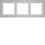 Frame 3gang hor., B.7, stainless steel/p. white matt, metal brushed