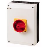 T5-4-8344/I5/SVB Main switch, T5, 95 A, surface mounting, 4 contact unit(s), 8-pole, Emergency switching off function, With red rotary handle and yellow locking ring,