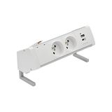 Desk socket set: 2x250V type E + USB A+C charger, 10 cm cable; aluminum white