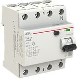 Residual current circuit breaker 4P. 25A 30 mA, A type
