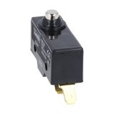 Plastic micro switch, K series, top push rod - metal plunger. Low rod plunger. Contacts 1NO/NC. Faston terminals