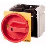 T5-4-15682/V/SVB Main switch, T5, 100 A, rear mounting, 4 contact unit(s), 6 pole, 1 N/O, 1 N/C, Emergency switching off function, With red rotary handle and yellow lo