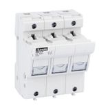Fuse holder UL recognized and CSA certified, for 14X51mm fuses. 50A rated current at 690VAC, 3P. Without status indicator. 3 modules