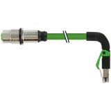 M12 fem. recept. D-cod. rear / RJ45 male 90° down PUR gn 0.3m
