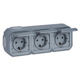 PLEXO 3 GANG PREWIRED HORIZONTAL GERMAN STD SOCKET OUTLET VDE - GREY - SURFACE