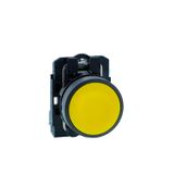 Push button, Harmony XB5N XB7N, plastic, flush, yellow, 22mm, spring return, unmarked, 1 NO