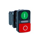 ill double-head pushbutton, Harmony XB5N XB7N, plastic,22mm, 1 green flush + 1 red projecting, marked, 24V AC DC, 1NO 1NC