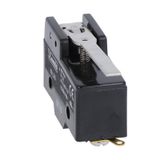 Plastic micro switch, K series, metal lever. 54mm/2.13in long flat lever. Contacts 1NO/NC. Solder terminals