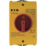 J40/R/N Main switch, 40 A, surface mounting, 3 pole + N, Emergency switching off function, With red rotary handle and yellow locking ring, Lockable in the 0 (