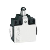 Limit switch, K series, top roller push plunger, 2 side cable entry. Dimensions compatible to EN 50047, metal body, contacts 2NO slow action. Plastic roller