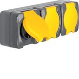 Socket, 3x SCHUKO, combined, with flaps, 16 A, 250 V~, horizontal mounting, ISO-Panzer IP44, dark. grey/yellow