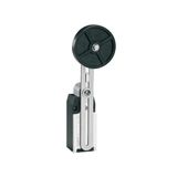 Limit switch, K series, adjustable roller lever, 1 bottom cable entry. Dimensions to EN 50047, metal body, contacts 2NO+1NC slow action. Rubber roller