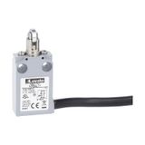 Prewired with 2m long cable metal limit switch, K series, top roller push plunger. Contacts 1NO+1NC snap action. Roller operation perpendicular to switch body
