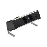 Desk socket set: 2x250V type E + USB A+C charger, 10 cm cable; aluminum black