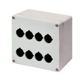 Aluminium push-button enclosure M4 152x152x100, 8 holes Ø 22, with cable entry