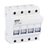 Fuse holder UL recognized and CSA certified, for 10X38mm fuses. 32A rated current at 690VAC, 3P+N. Without status indicator. 4 modules