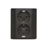 Double socket outlet with Schuko earthing and shutters, flush mounted - Scandinavian version, (Complete product), 16A, 250V, Screw, black matt