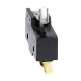Plastic micro switch, K series, roller centre push lever. 26.6mm/1.05in long lever. Contacts 1NO/NC. Faston terminals