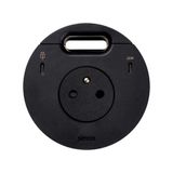 Furniture power socket (pin grounding) with USB-C 20W charger, USB Type C DATA port and grommet (cable outlet)- 1x HDMI + LAN + 3x USB Type A docking station included, Simon 400 Flash 90, IP20, 16A, black, Mount. dimen.: Ø80mm