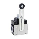 Limit switch, K series, adjustable roller lever, 2 side cable entry. Dimensions compatible to EN 50047, metal body, contacts 1NO+1NC slow action. Plastic roller