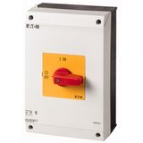 P3-100/I5-RT-NA On-Off switch, P3, 100 A, surface mounting, 3 pole, Emergency switching off function, with red thumb grip and yellow front plate, UL/CSA