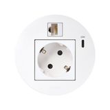 Furniture power socket (schuko grounding) with USB-C 20W charger and RJ45 connector cat. 6 UTP (Keystone), Simon 400 Flash 90, IP20, 16A, white, Mount. dimen.: Ø80mm