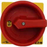 Main switch, P1, 40 A, rear mounting, 3 pole, 1 N/O, 1 N/C, Emergency switching off function, Lockable in the 0 (Off) position, With metal shaft for a