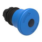 Illuminated mushroom head button actuator Ø22mm Platinum series chromed plastic, latch, turn to release, Ø40mm. For normal stopping. Blue