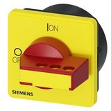 rotary operating mechanism, actuating lever red/yellow, defeatable, 66x66 mm, lockable in 0-position, for four-hole front