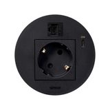 Furniture power socket (schuko grounding) with USB-C 20W charger and RJ45 connector cat. 6 UTP (Keystone), Simon 400 Flash 90, IP20, 16A, black, Mount. dimen.: Ø80mm