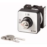 T0-1-102/EZ/S ON-OFF switches, T0, 20 A, center mounting, 2 pole, with black thumb grip and front plate, Key operated lock mechanism S-T0