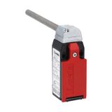 Limit switch, K series, hinge operating, 1 bottom cable entry. Dimensions to EN 50047, metal body, contacts 1NO+1NC slow action. Long solid shaft