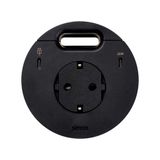 Furniture power socket (schuko grounding) with USB-C 20W charger, USB Type C DATA port and grommet (cable outlet)- 2x HDMI + LAN + 3x USB Type A docking station included, Simon 400 Flash 90, IP20, 16A, black, Mount. dimen.: Ø80mm