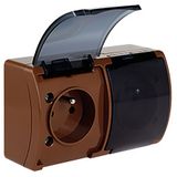 VG-2 Koala Double Socket with earthing contact (2x2P+Z) surface mounted IP44 brown with smoky (transparent) flap  VG 162-52