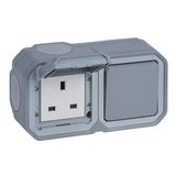 PLEXO 2 GANG BRITISH STANDARD 13A SOCKET OUTLET + 2 WAY SWITCH - GREY - SURFACE