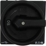 Main switch, P1, 40 A, rear mounting, 3 pole, 1 N/O, 1 N/C, STOP function, With black rotary handle and locking ring, Lockable in the 0 (Off) position