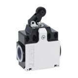 Limit switch, K series, roller centre push lever, 2 side cable entry. Dimensions compatible to EN 50047, metal body, contacts 1NO+1NC snap action. Plastic roller