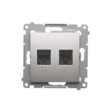 Computer socket RJ45 category 5e + telephone socket RJ12, (module), Silver matt, metalic