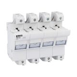 Fuse holder UL recognized and CSA certified, for 22X58mm fuses. 100A/125A rated current at 690VAC, 3P+N. Without status indicator. 4 modules