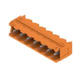 PCB plug-in connector, male header, Dovetails for fixing blocks, THT solder connection, 5.08 mm, Number of poles: 7, 90°, Solder pin length (l): 3.2 mm, tinned, orange, Box