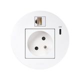 Furniture power socket (pin grounding) with USB-C 20W charger and RJ45 connector cat. 6 UTP (Keystone), Simon 400 Flash 90, IP20, 16A, white, Mount. dimen.: Ø80mm