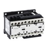Reversing contactor assembly, AC coil, external interlock with power and auxiliary wiring, 9A AC3 in AC, 4kW. Coil voltage 230VAC 50/60Hz