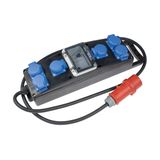 Solid rubber power strip S2+
Entrance: 
2m heavy rubber hose cable H07RN-F 5G2.5 with CEE plug 400V/16A/5-pin
Exit:
6x protective contact sockets with hinged lids
Validation:
1 x FI 40A, 30mA, 4-pin, TypeA