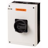 T5-3-8342/I5-SI-SW Safety switch, T5, 100 A, 6 pole, STOP function, With black rotary handle and locking ring, Lockable in position 0 with cover interlock, with warning