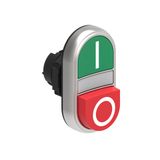 Double-touch actuator, spring return, white indicator Ø22mm Platinum series chromed plastic, 1 extended and 1 flush pushbuttons. Both spring return, Green - Red/I - 0