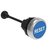 Mechanical RESET button, complete unit, spring return Ø22mm Platinum series chromed plastic, flush. Adjustable length 0...150mm/5.9in, blue with "RESET" caption